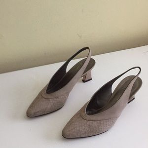 Taupe snake print suede sling backs